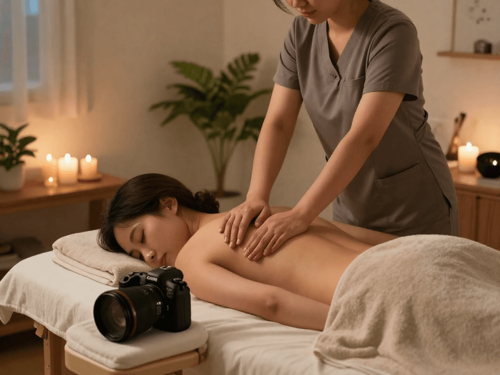 Professional 마포출장마사지 in a cozy home setting, featuring ambient lighting and soothing decor.