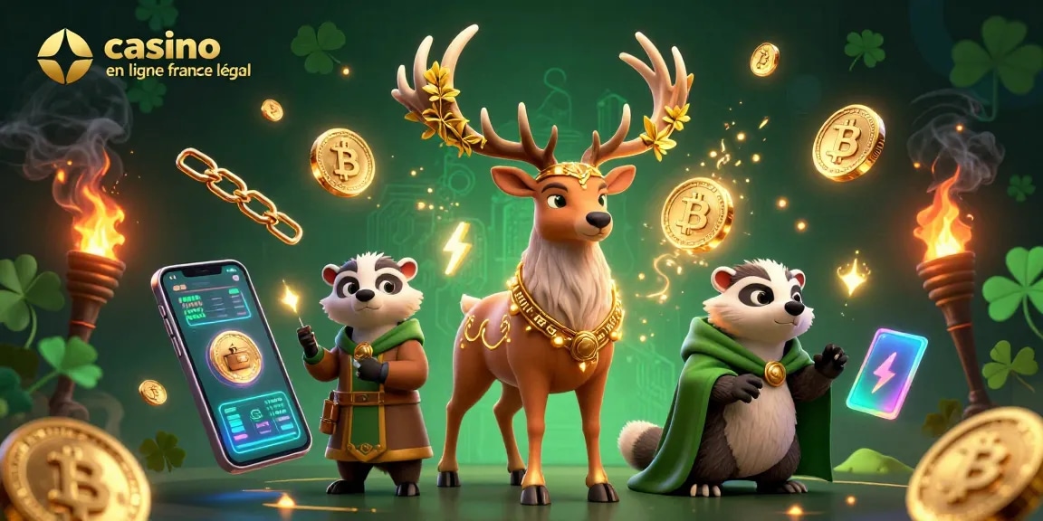 Visualisez l'univers captivant du casino en ligne France légal avec un cerf druidique et un blaireau.
