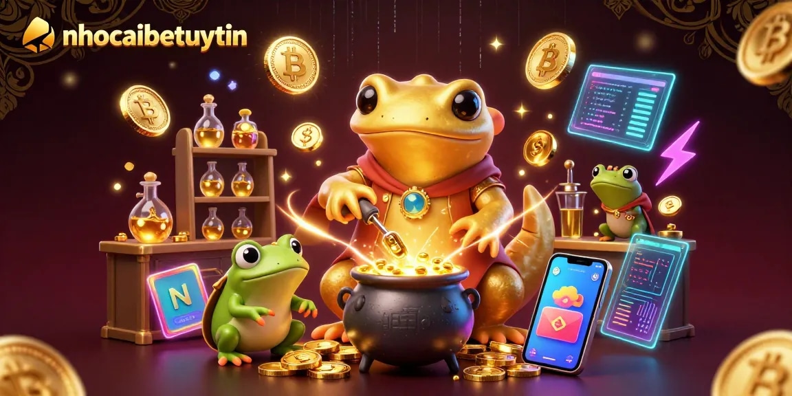 Join the excitement at nhacaibetuytin with a vibrant scene of gold coin transmutation in a magical casino.