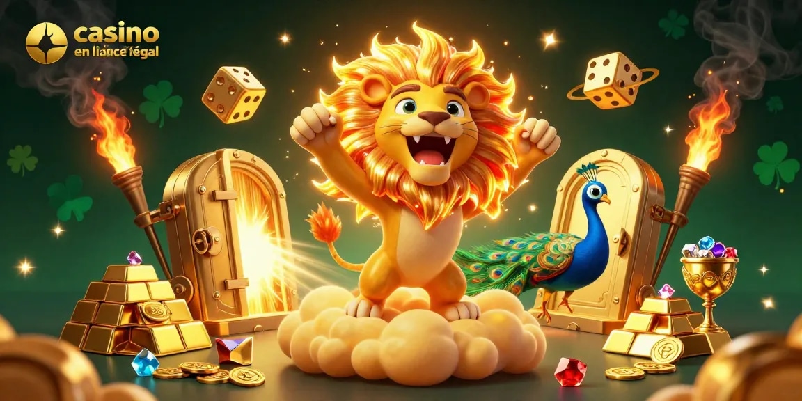 Jouez à un casino en ligne légal en France avec un lion solaire et des dés dorés dans un univers étincelant.