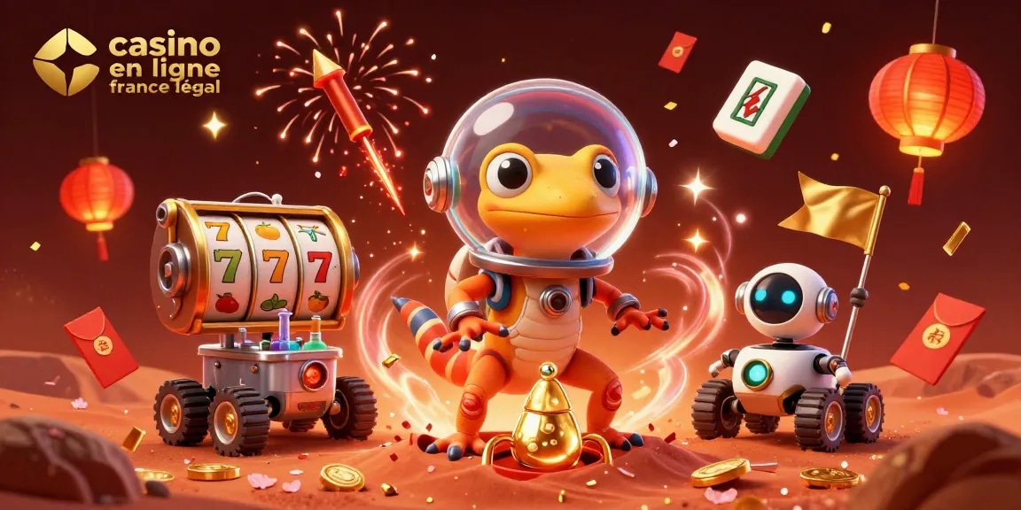 Une illustration d'un gecko martien découvrant un casino en ligne France légal sous le sable rouge.
