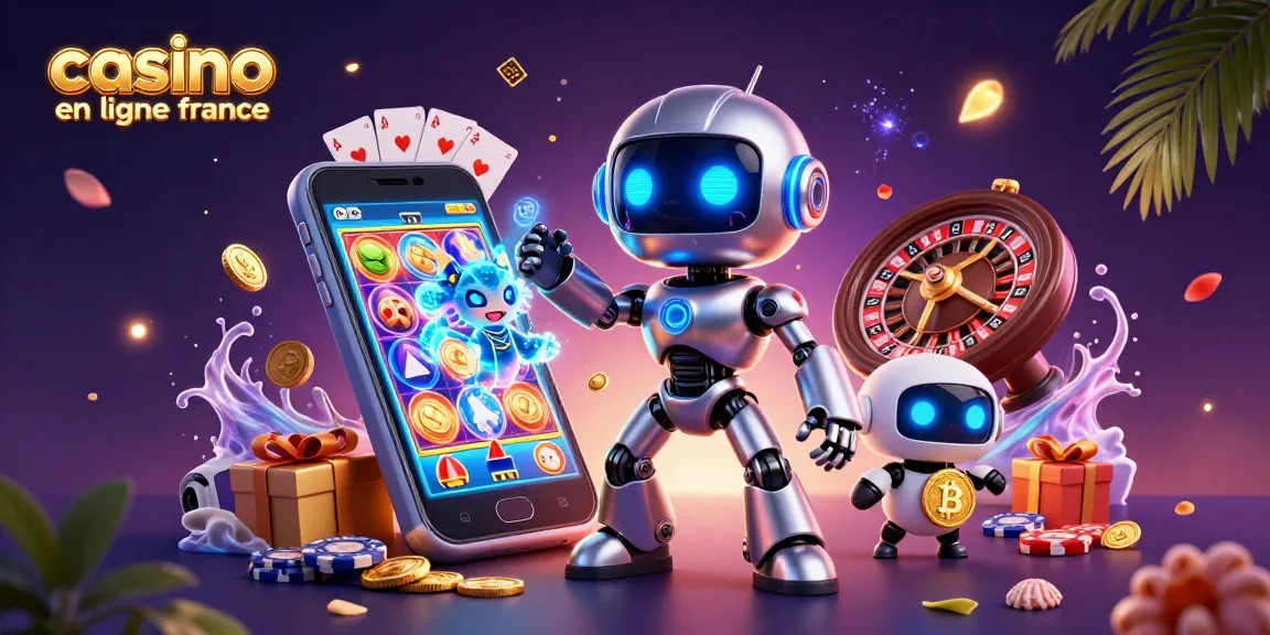 Jouez à des jeux captivants sur casino en ligne France avec des illustrations dynamiques d'un robot cyborg et un dragon holographique.