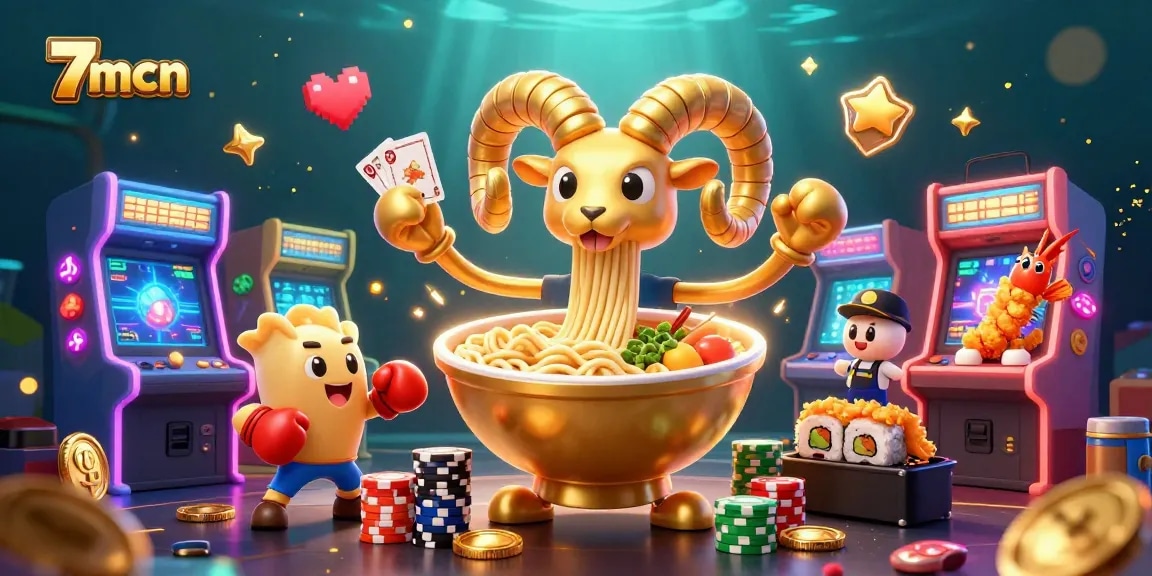 Engage with 7mcn's vibrant casino scene featuring animated characters and gaming elements.