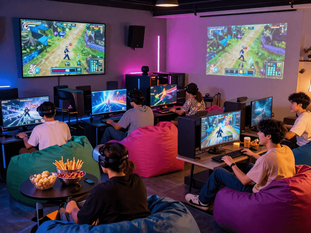 Players immersed in thrilling porn games at a vibrant gaming lounge with interactive displays and cozy decor.