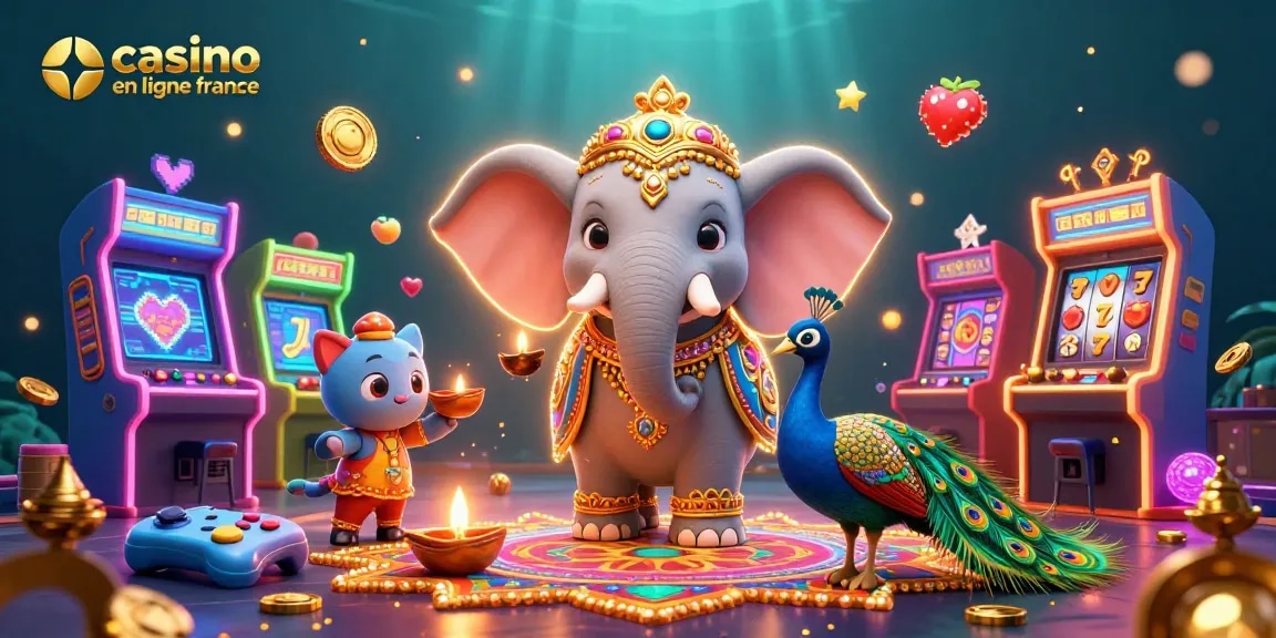 Gagnez sur un casino en ligne France avec cette illustration vibrante mettant en scène un éléphant coloré et une ambiance festive.