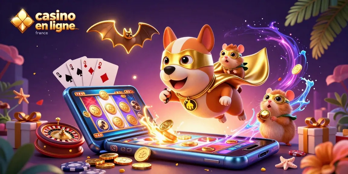 Illustration dynamique de casino en ligne France avec un chien super-héros et un hamster, joyaux d'un véritable casino