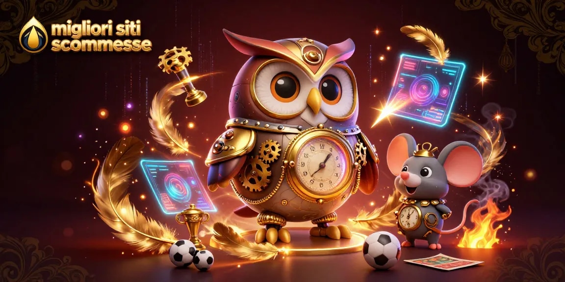 Immagine dinamica dei migliori siti scommesse con un gufo viaggiatore del tempo e un topo meccanico, circondati da elementi di gioco.