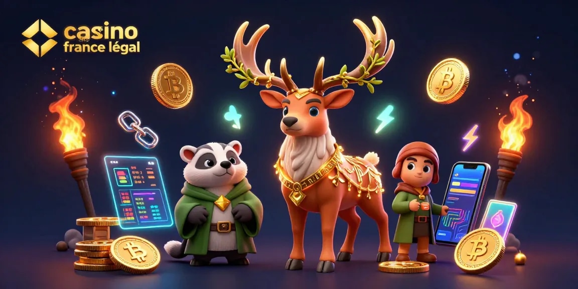 Jouez légalement au casino en ligne France légal avec une illustration immersive et des éléments de cryptomonnaies.