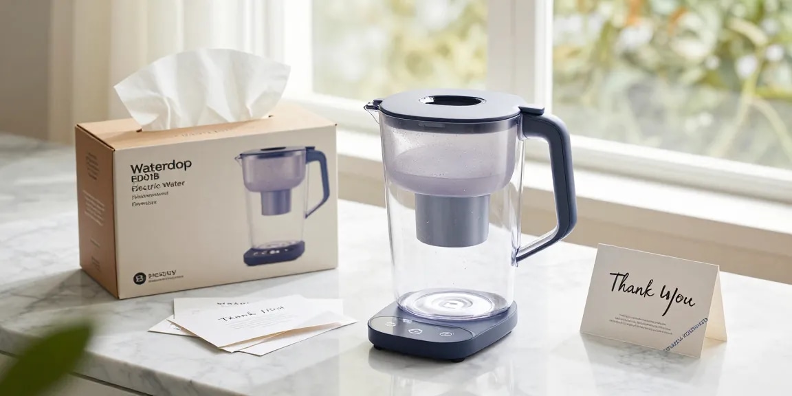 "Waterdrop ED01B Electric Water Filter Pitcher in an elegant flat-lay, showcasing its features for an online shopping review."