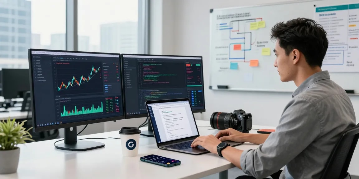 Developer coding the global commodity index API in a modern financial workspace with real-time data.
