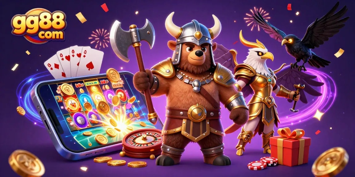Spin the reels at gg88 com with Viking berserker, Valkyrie eagle, and radiant game elements.