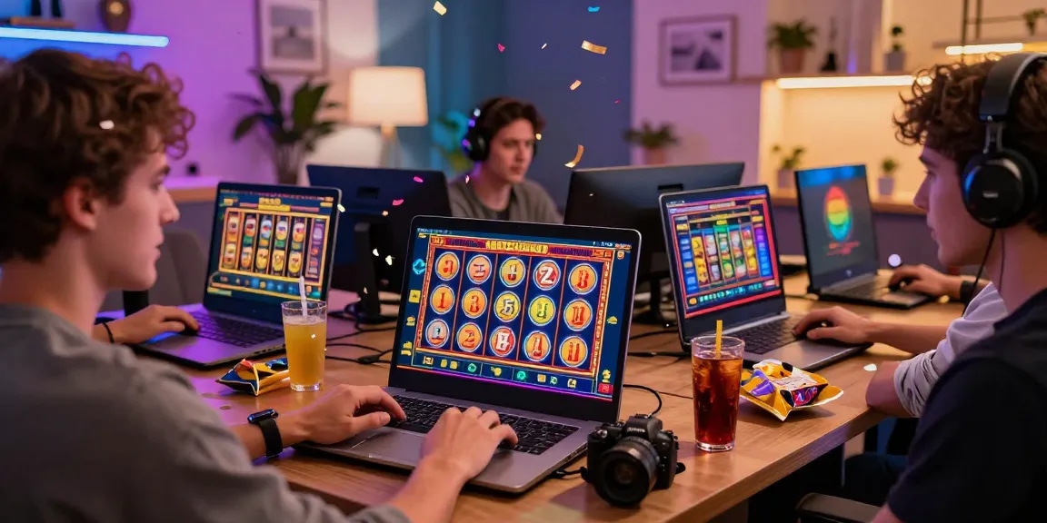 Engaging players enjoying slot online games in a vibrant, modern gaming setup.
