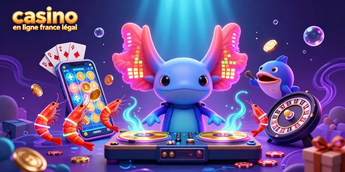Profitez d'une expérience vibrante au casino en ligne légal en France avec un DJ axolotl et des éléments de jeu animés.