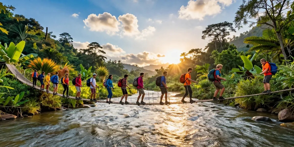 Group of hikers crossing a River Rope Bridge over a lush valley during sunset.
