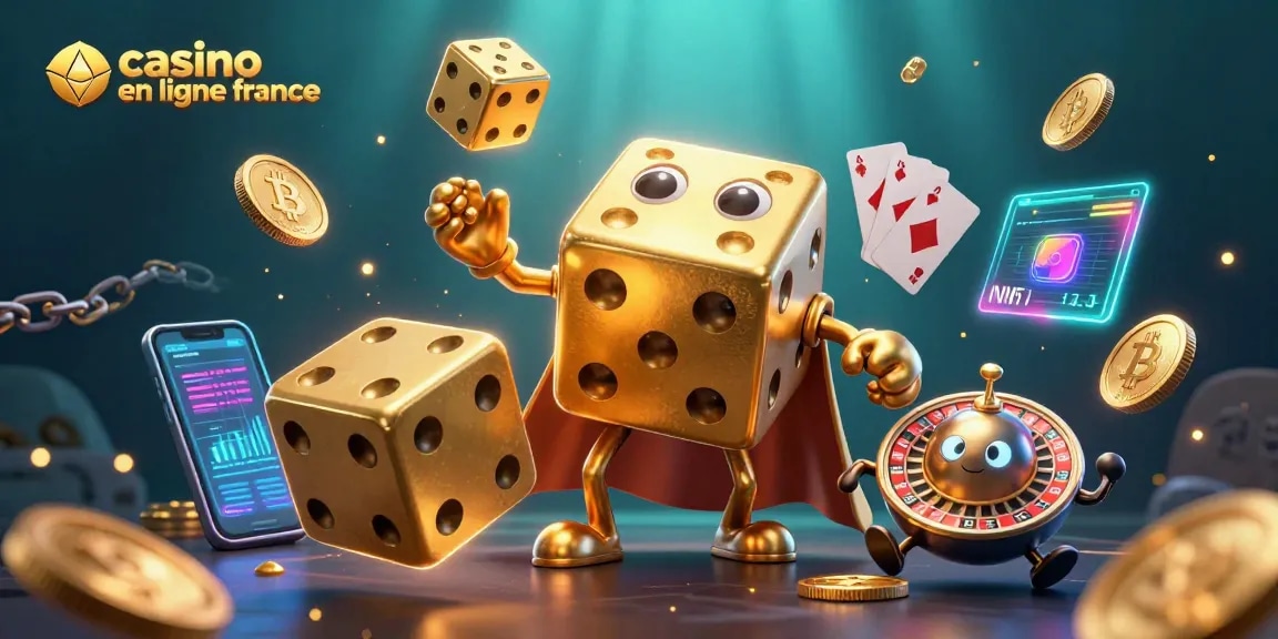 Illustration d'un casino en ligne France montrant un golem de dés dorés jonglant avec des dés, entouré de pièces de crypto-monnaies.