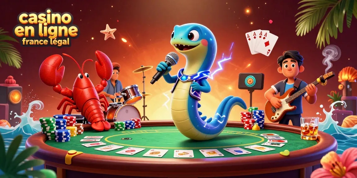 Illustration d'un casino en ligne légal en France avec des personnages animés jouant au poker.