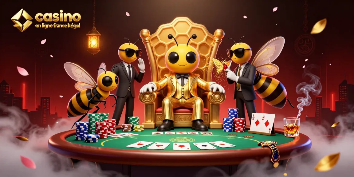 Illustration de la scène de jeu "casinos en ligne légaux en France" avec un boss abeille en costume entouré de gardes.