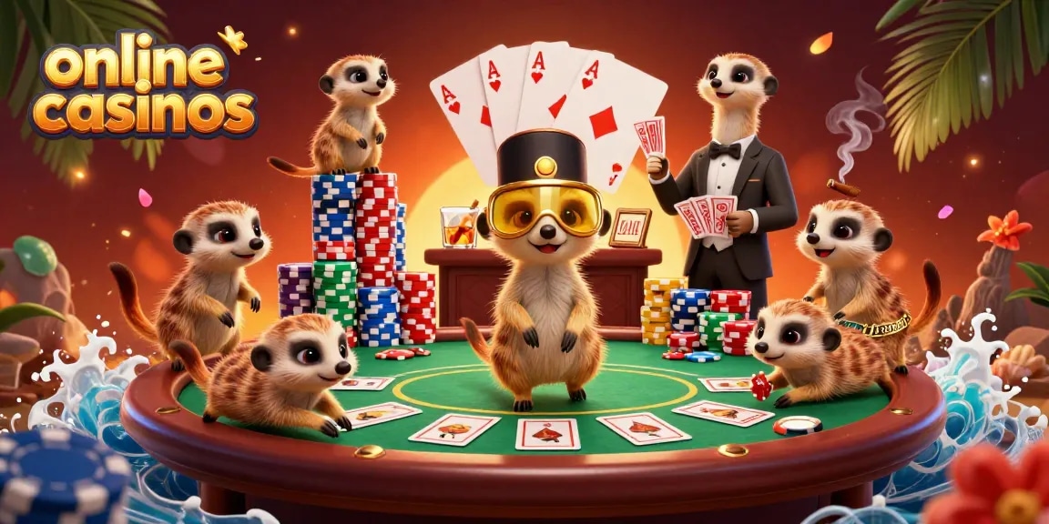 Experience the vibrant world of online casinos featuring lively meerkats in a dynamic casino scene.
