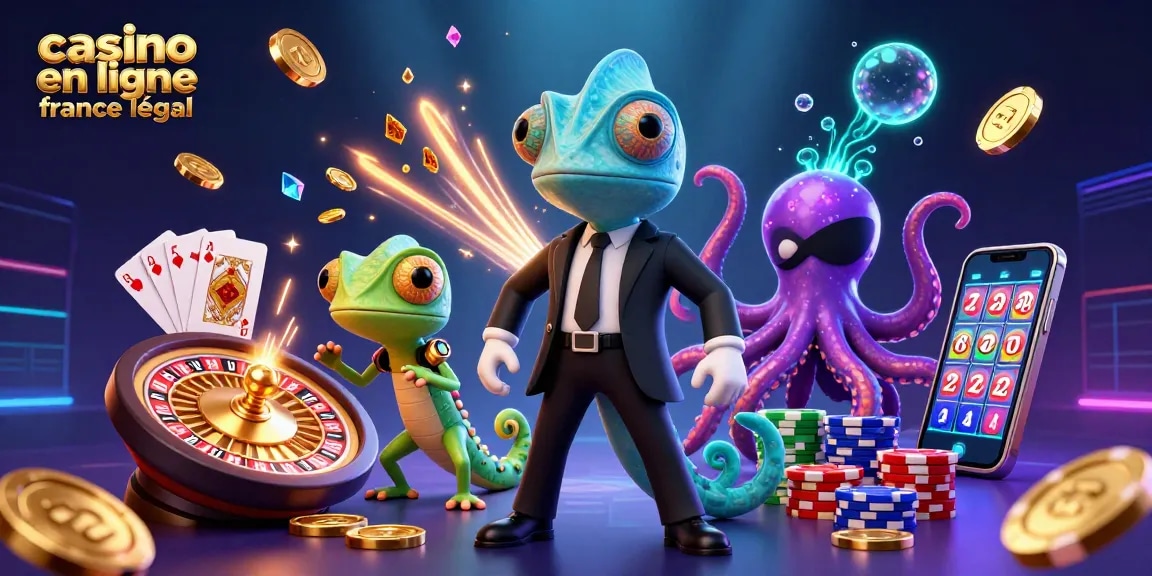 Illustration dynamique du casino en ligne France légal avec des personnages de jeux de casino et des éléments de jeu.