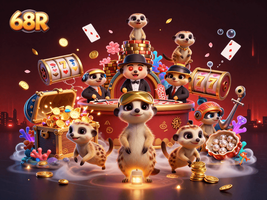 Os meerkats do cassino 68R jogam com fichas em um ambiente vibrante e repleto de tesouros.