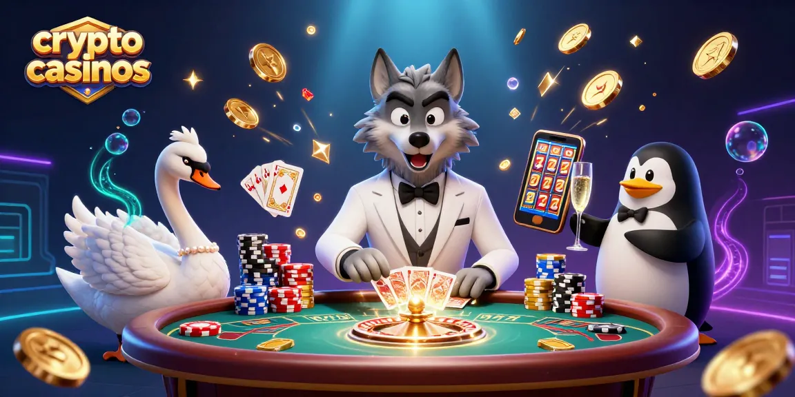 Des crypto casinos animés avec un loup, un cygne, et un pingouin dans une scène vibrante.