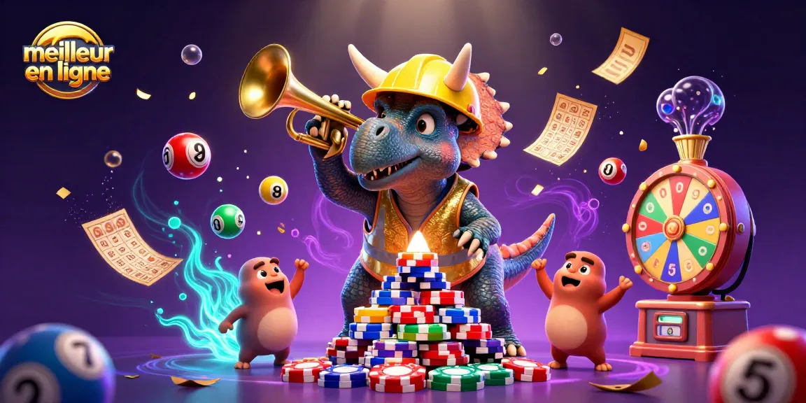 Ce visuel représente le meilleur casino en ligne avec un triceratops en train de bâtir des jetons de poker, célébrant un jackpot.