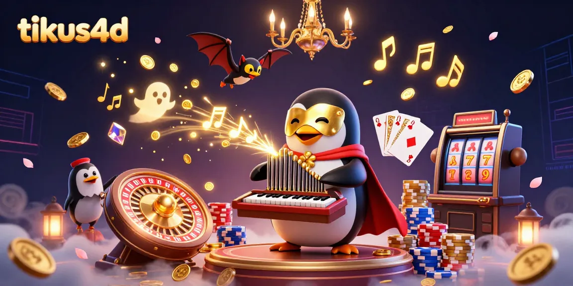 Experience thrilling gameplay with tikus4d as the penguin plays a golden coin organ in a vibrant casino scene.