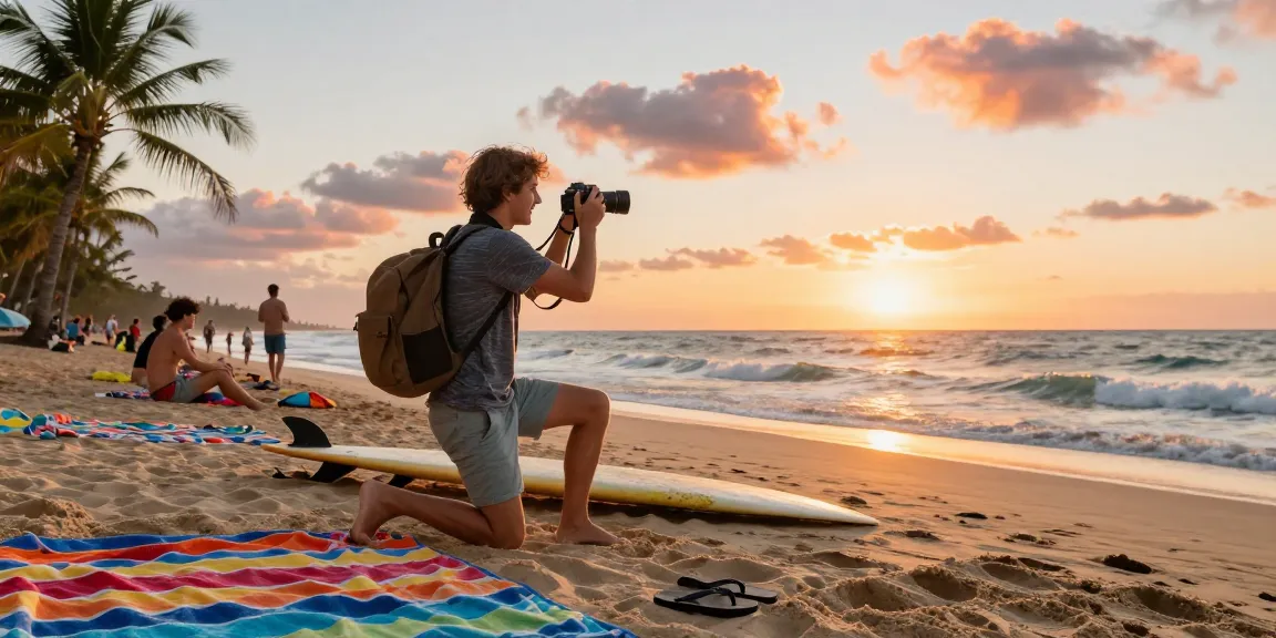 Motchill traveler capturing sunset at the beach with vibrant atmosphere