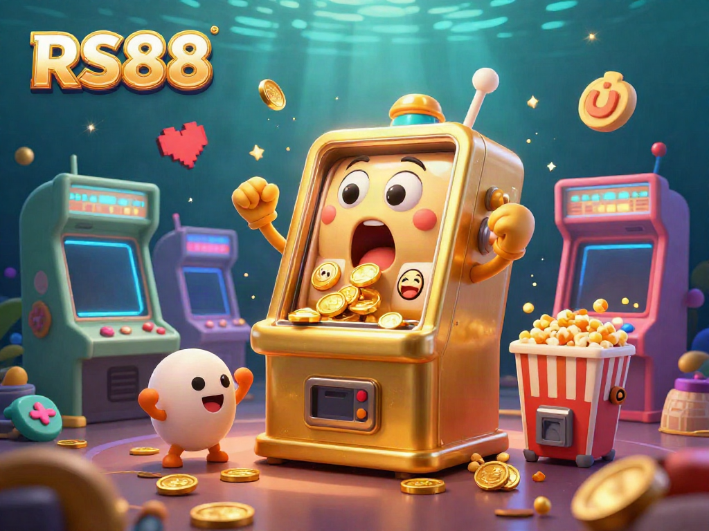 Experience the thrill of RS88 as cartoon slot machines celebrate a jackpot amidst sparkling casino elements.