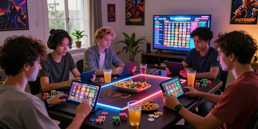 Friends enjoying slot gacor games on mobile devices in a cozy gaming atmosphere.