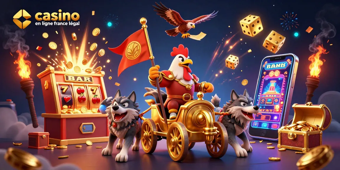 Illustration dynamique de casino en ligne France légal avec un roi coq et des éléments de jeux.