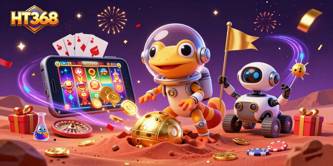 Engage in thrilling gameplay with HT368 in a vibrant Martian casino scene filled with excitement.