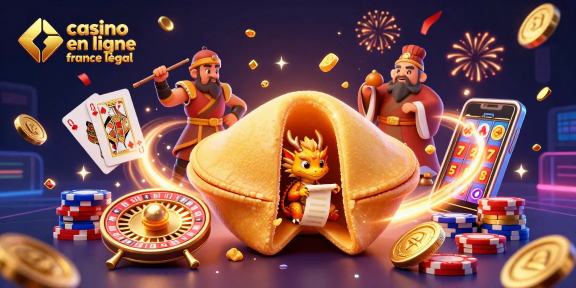 Illustration dynamique de casino en ligne France légal avec un cookie fortune doré et un dragon sage.