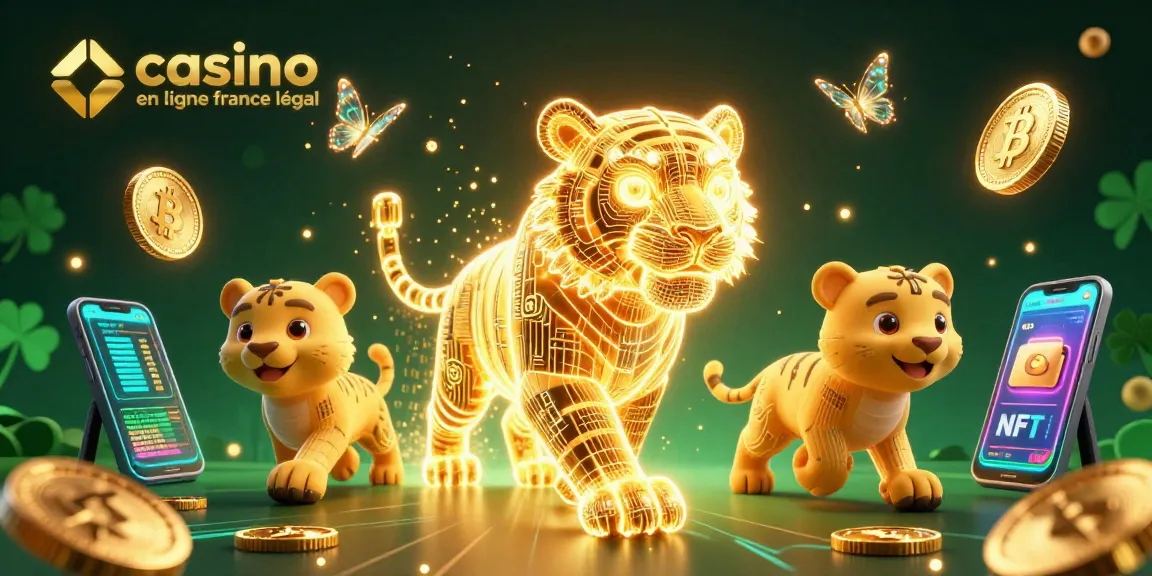 Visuel captivant de l'illustration d'un casino en ligne France légal avec un tigre doré en lumière et des compagnons holographiques.