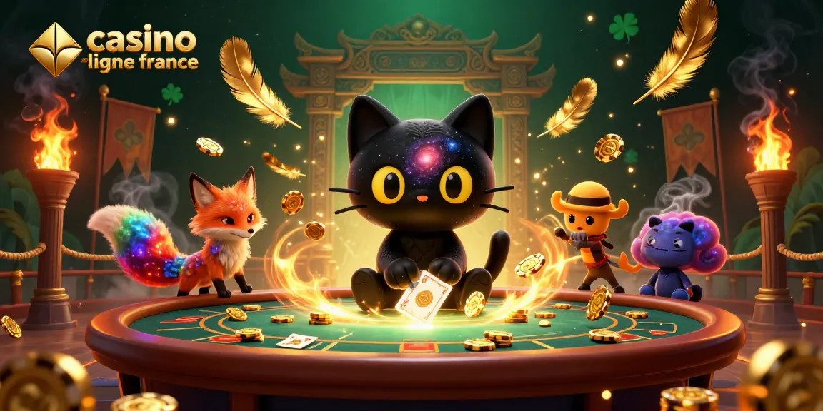 Jouez à un casino en ligne France avec un chat noir gravitationnel et une renarde nébuleuse, entourés de jetons d'or.