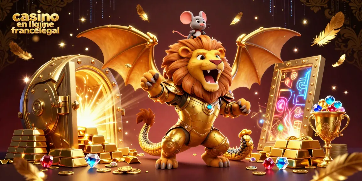 Animation dynamique d'un casino en ligne France légal avec des trésors éblouissants et un personnage héroïque.