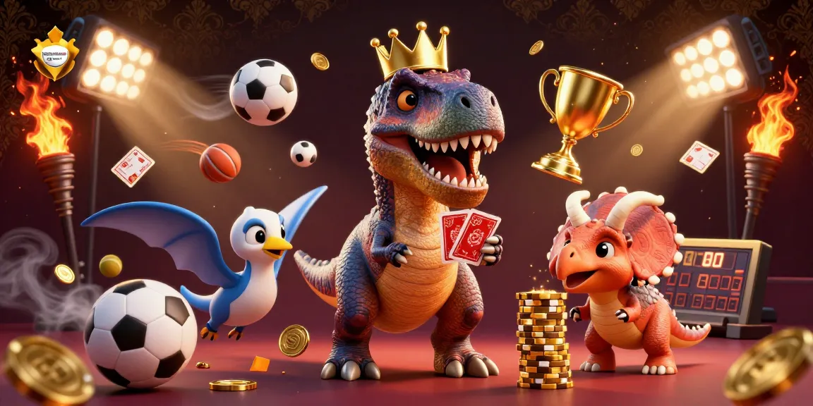 Le T-Rex jongle avec des cartes au casino en ligne France, entouré de ballons de sport.