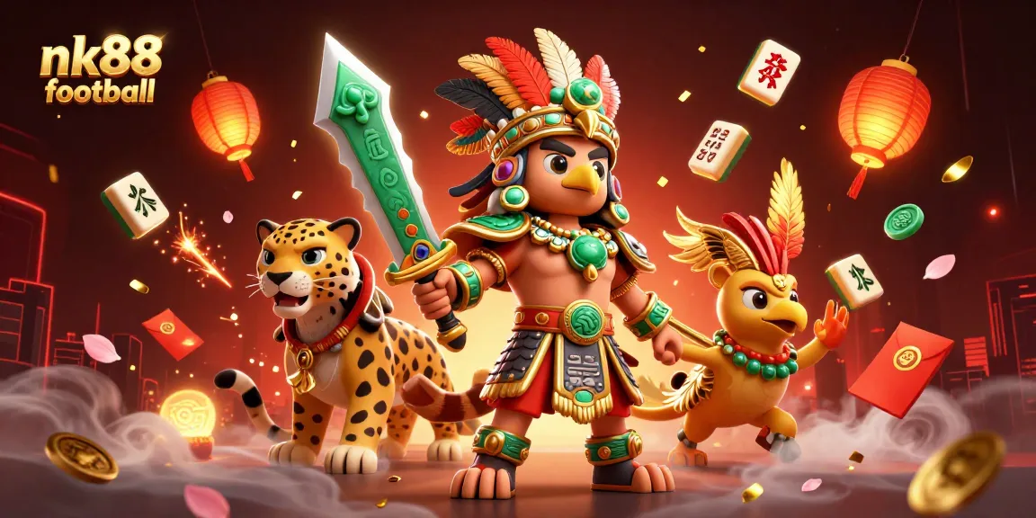 Engage in thrilling gameplay at nk88 football with vibrant Aztec warriors amid casino elements.