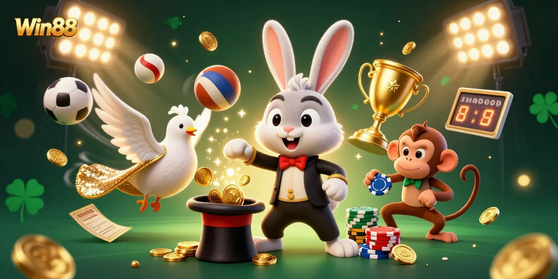 Experience the thrill of Win88 with a magician rabbit, glamorous dove, and mischievous monkey in a vibrant casino scene.