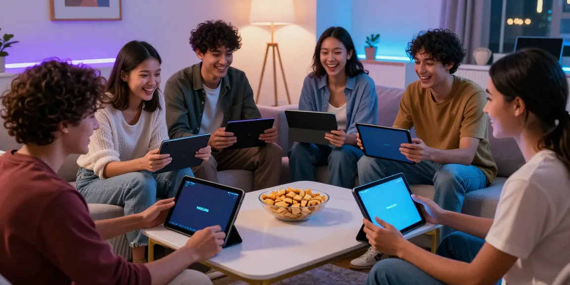 Friends enjoying an exciting gaming night with rokok88 super on tablets and smartphones in a cozy living room.