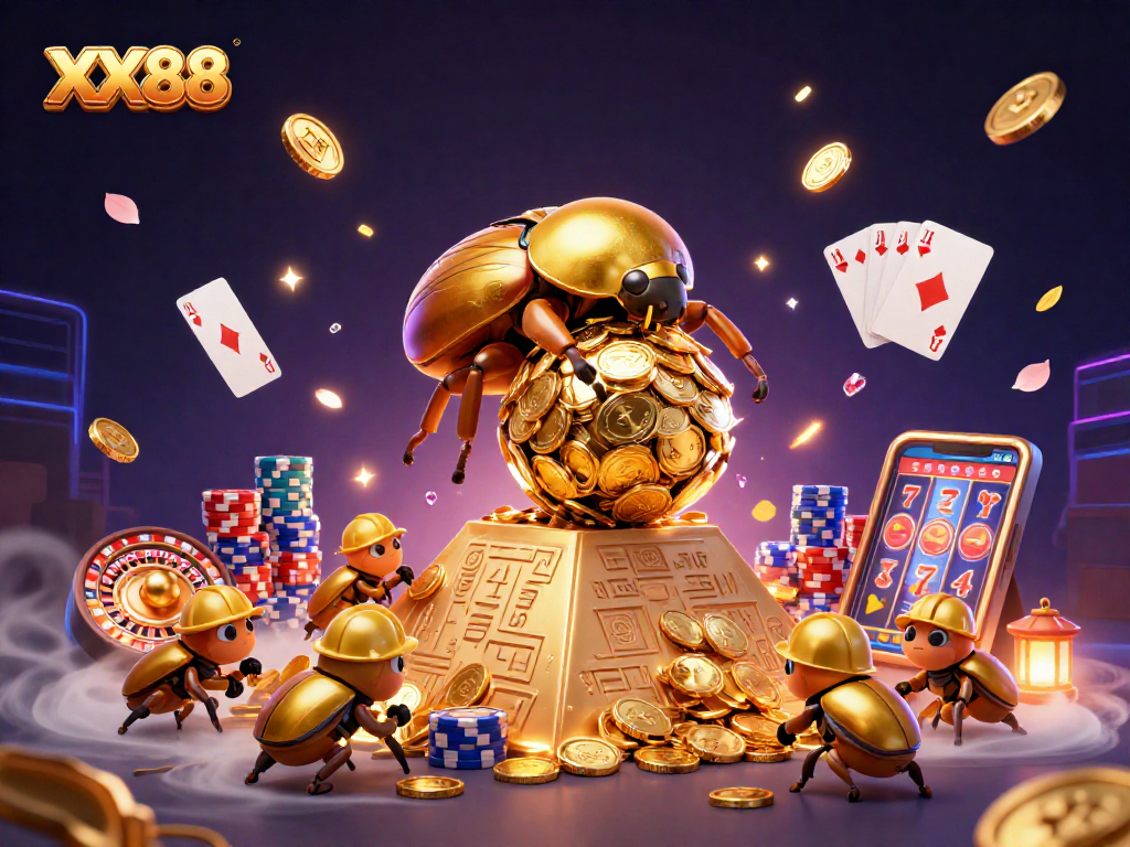 Join the excitement of XX88 with golden beetles and casino games in a dynamic 3D scene.