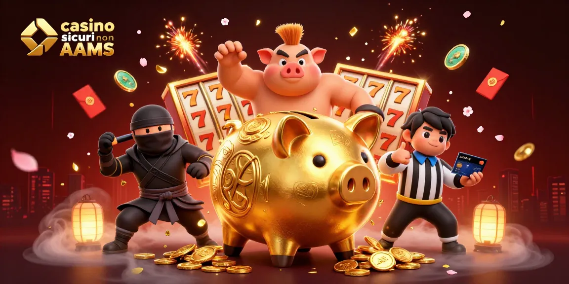 Gioca nei casinò sicuri non AAMS con il sumo dorato e gli elementi fortunati in un'illustrazione vivace.