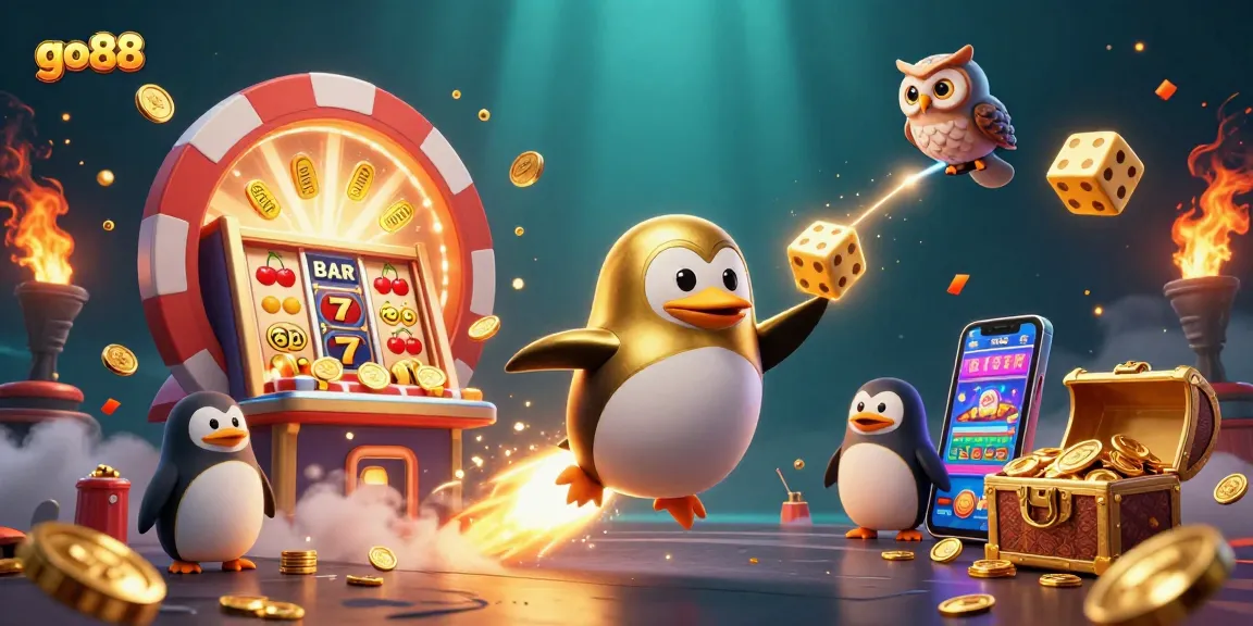Experience go88's thrilling journey with a golden penguin and casino magic!