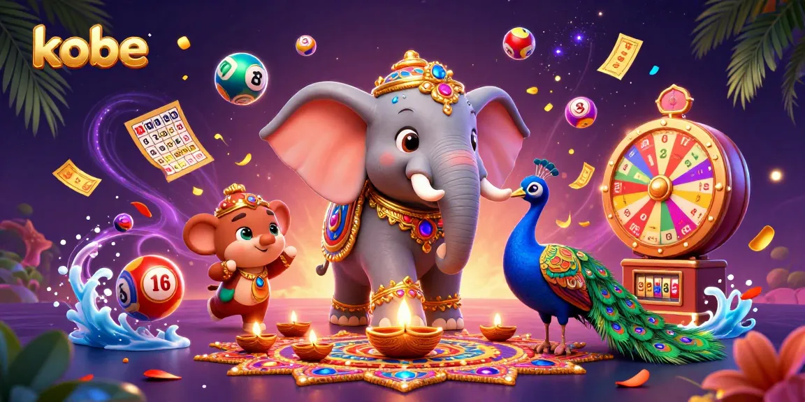 The kobe casino scene features a colorful lottery theme with elephants, peacocks, and bouncing balls.