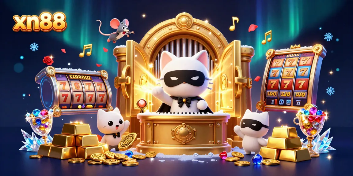 Xn88 invites players to enjoy 3D casino adventures featuring a phantom cat and mouse acrobat amidst treasures.