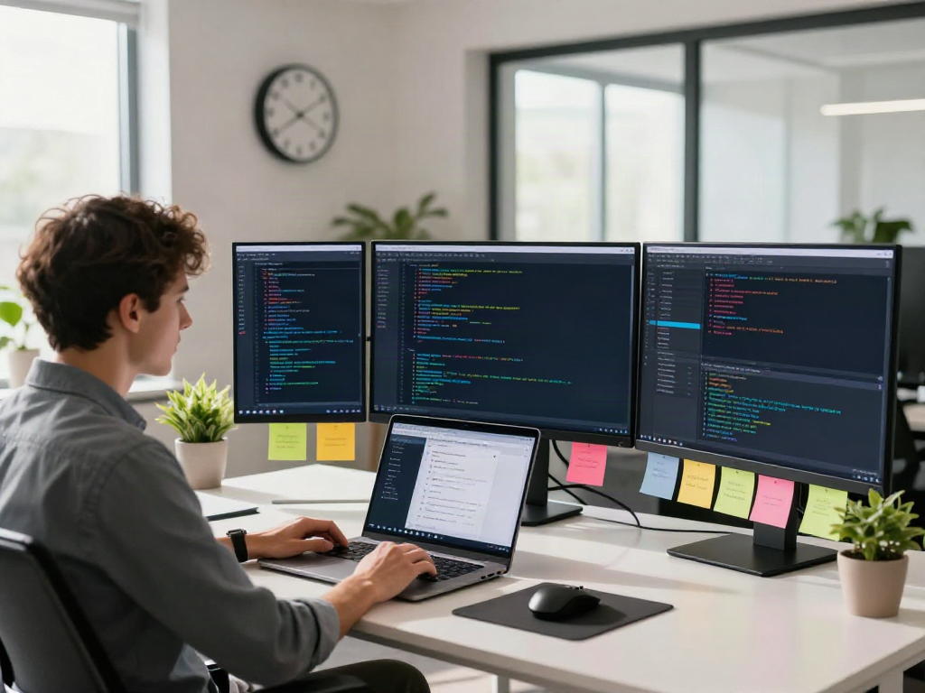 v2rayN官网 developer working efficiently in a modern tech workspace with multiple monitors.