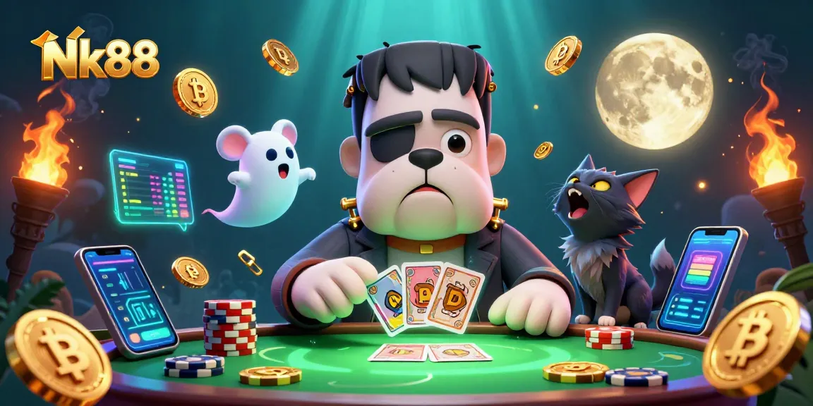 Engage in thrilling gameplay with Nk88 as a cartoon bulldog dealer and mystical kitten in a vibrant casino scene.
