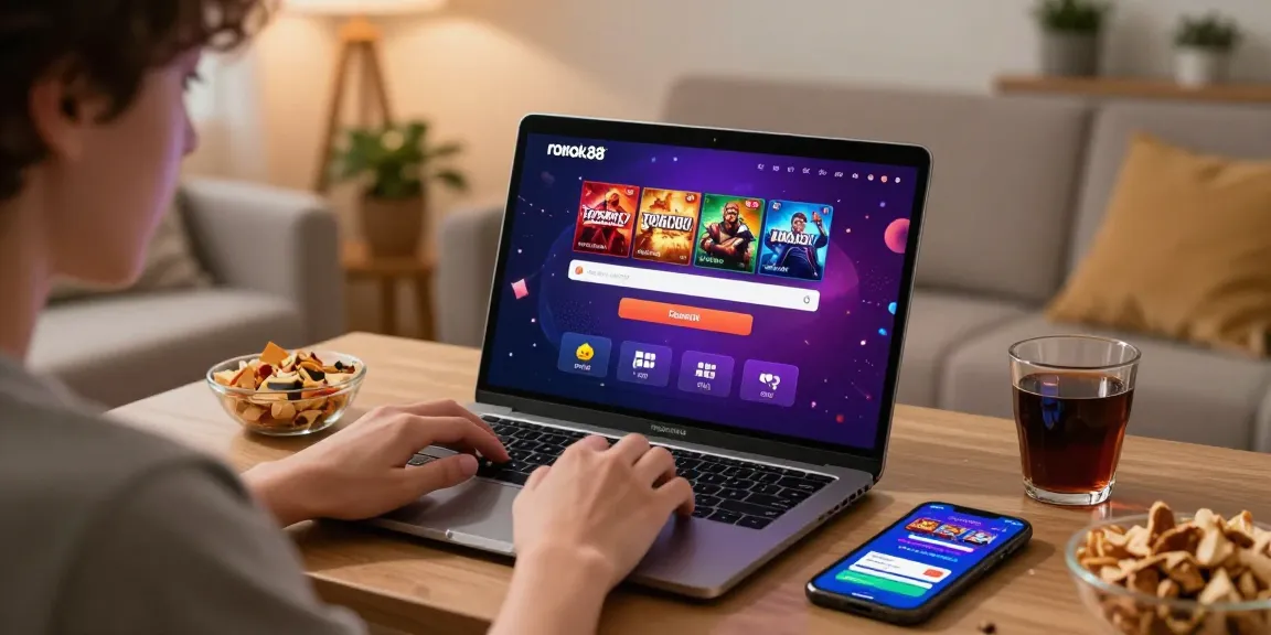 Rokok88 login on a laptop in a cozy living room, showcasing engaging online gaming.
