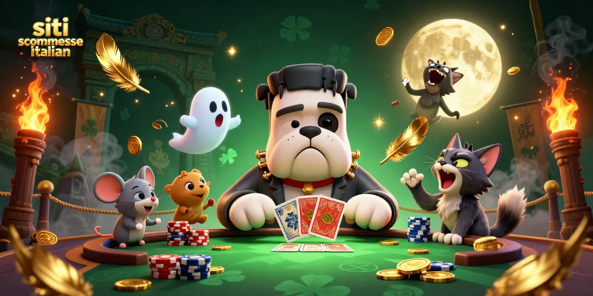 Scommettere sui migliori siti scommesse italiani con il bulldog Frankenstein che distribuisce carte in un'atmosfera spettrale.