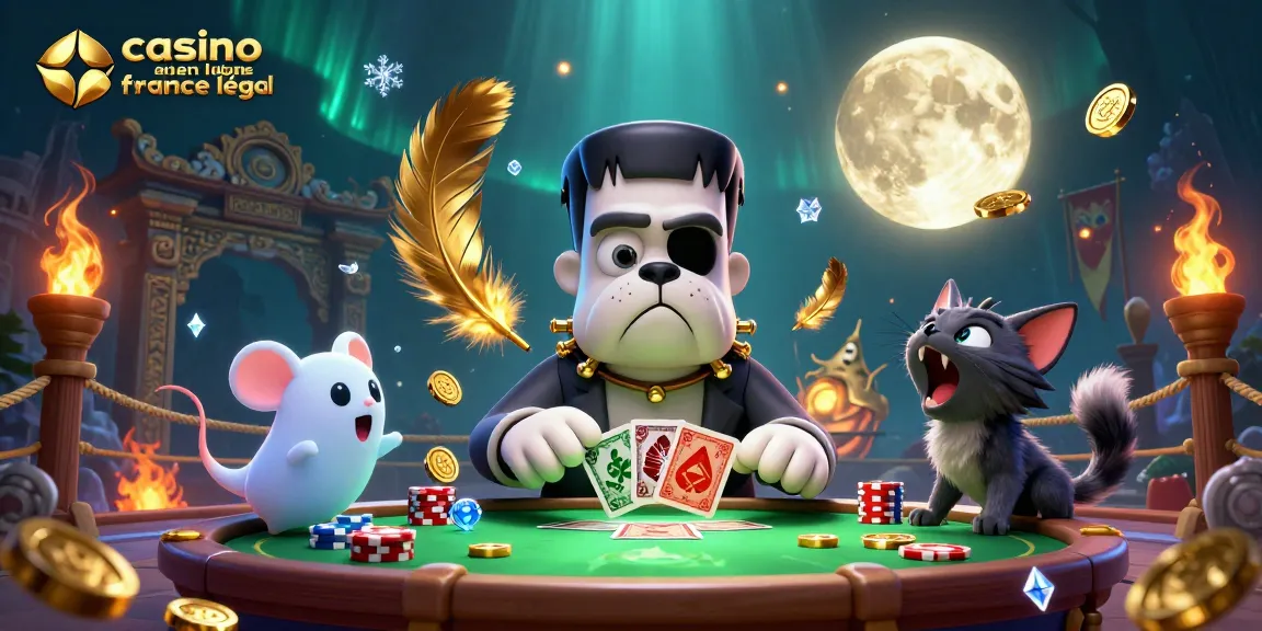 Jouez à casino en ligne France légal avec un bulldog Frankenstein et un chat loup à une table de poker intrigante.